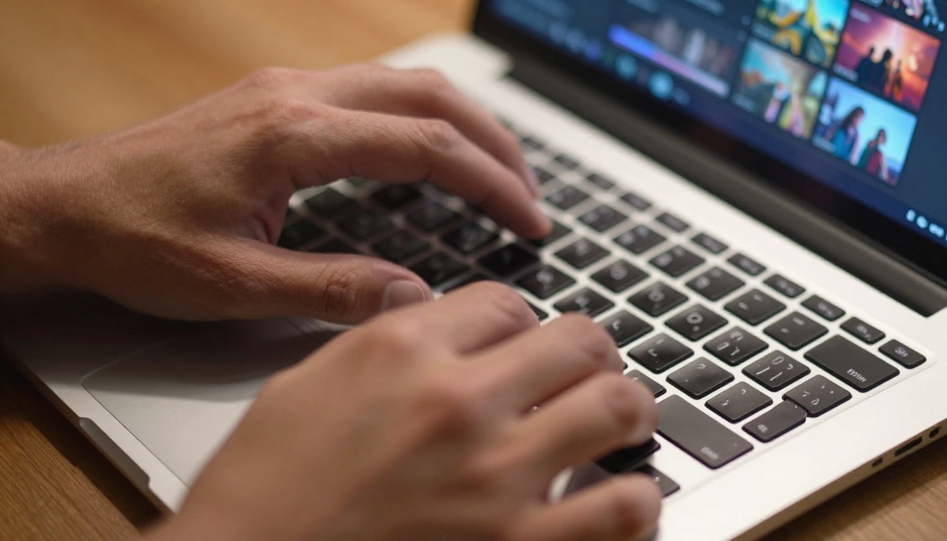 Close-up of hands on laptop with AI video interface on screen