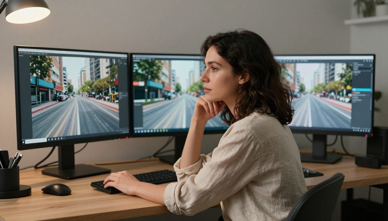 Woman at three monitors comparing AI video side by side