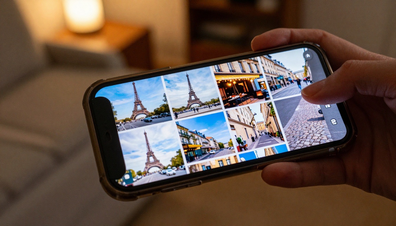 Hand holding a phone displaying an Instagram grid of Paris travel photos
