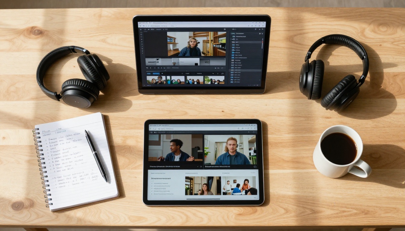 Aerial overhead flatlay of content creator AI testing workspace