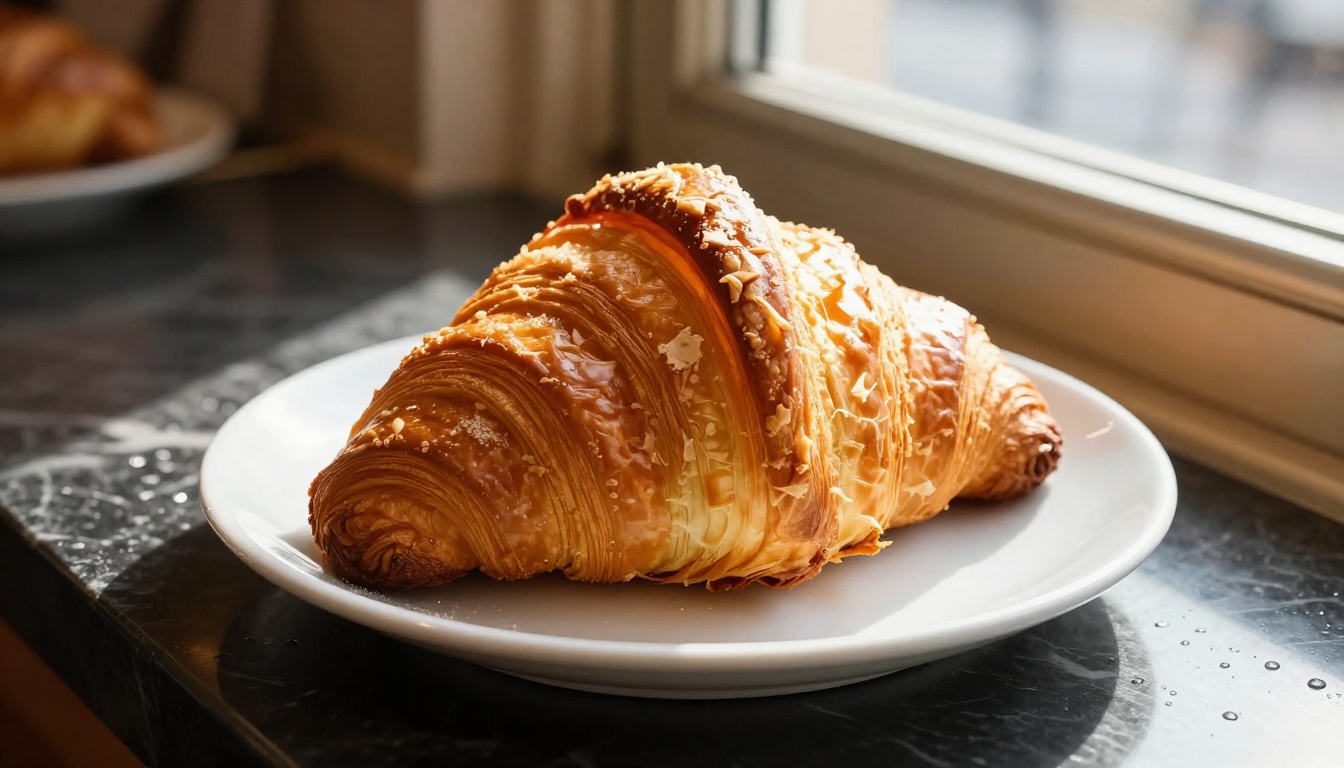 Close-up of a freshly baked golden croissant on a white plate at a Parisian bakery counter