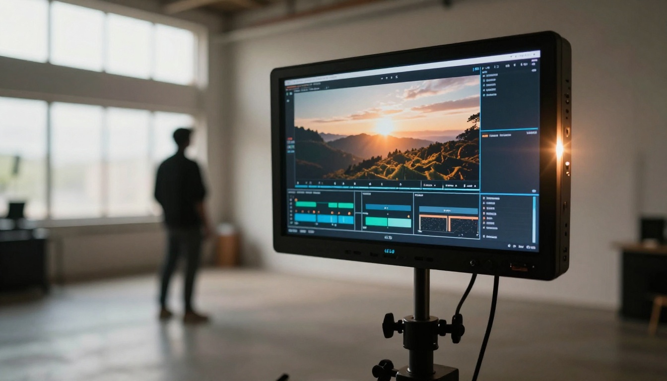 Low angle view of professional monitor showing cinematic AI video
