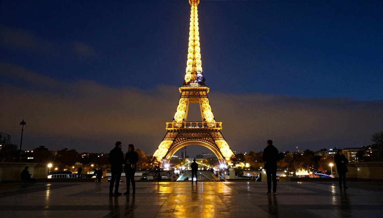 The Eiffel Tower illuminated at night from the Trocadero plaza with wet pavement reflections The Eiffel Tower illuminated at night from the Trocadero plaza with wet pavement reflections
