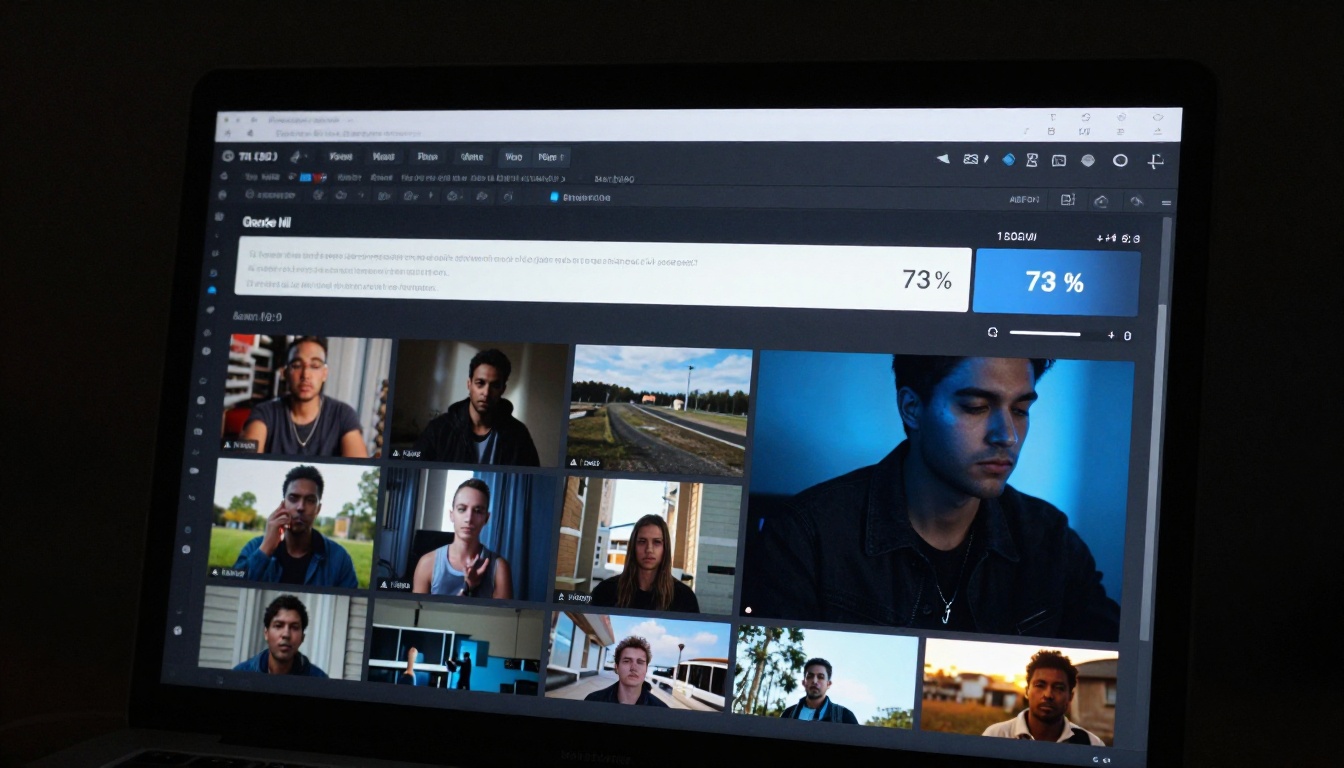 AI video generation interface on dark-mode monitor screen