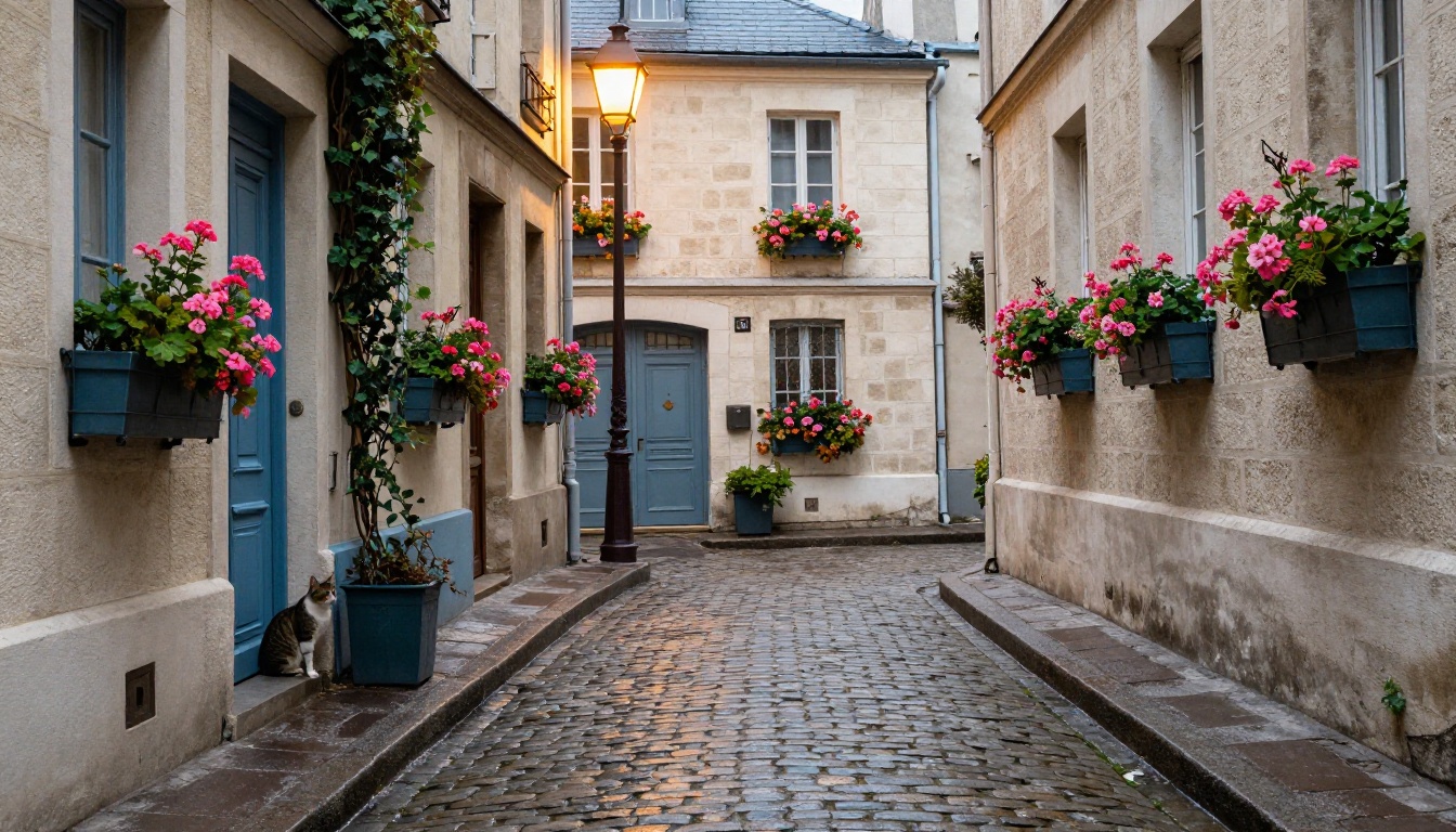 Narrow cobblestone alley in Montmartre lined with flower boxes and a tabby cat in a doorway Narrow cobblestone alley in Montmartre lined with flower boxes and a tabby cat in a doorway