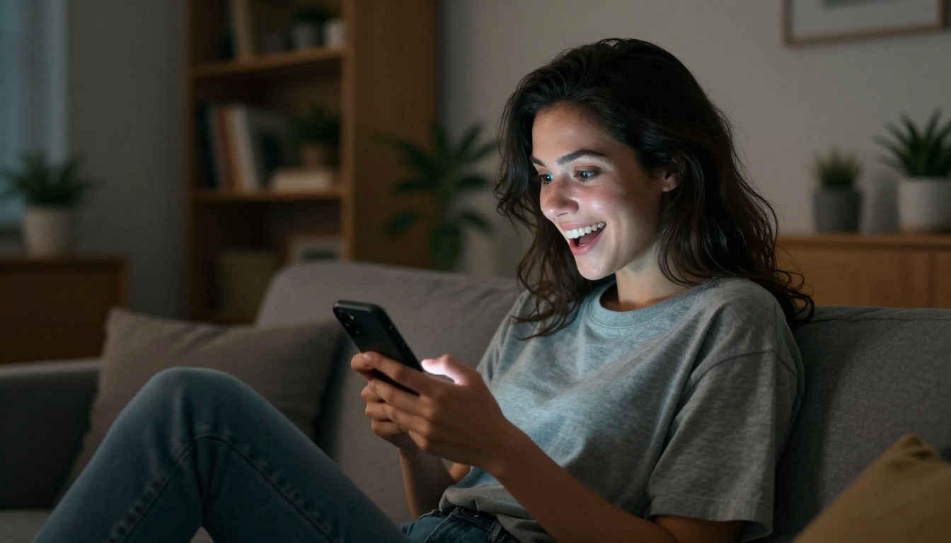 Young woman on a couch smiling at her phone with a wide surprised expression Young woman on a couch smiling at her phone with a wide surprised expression