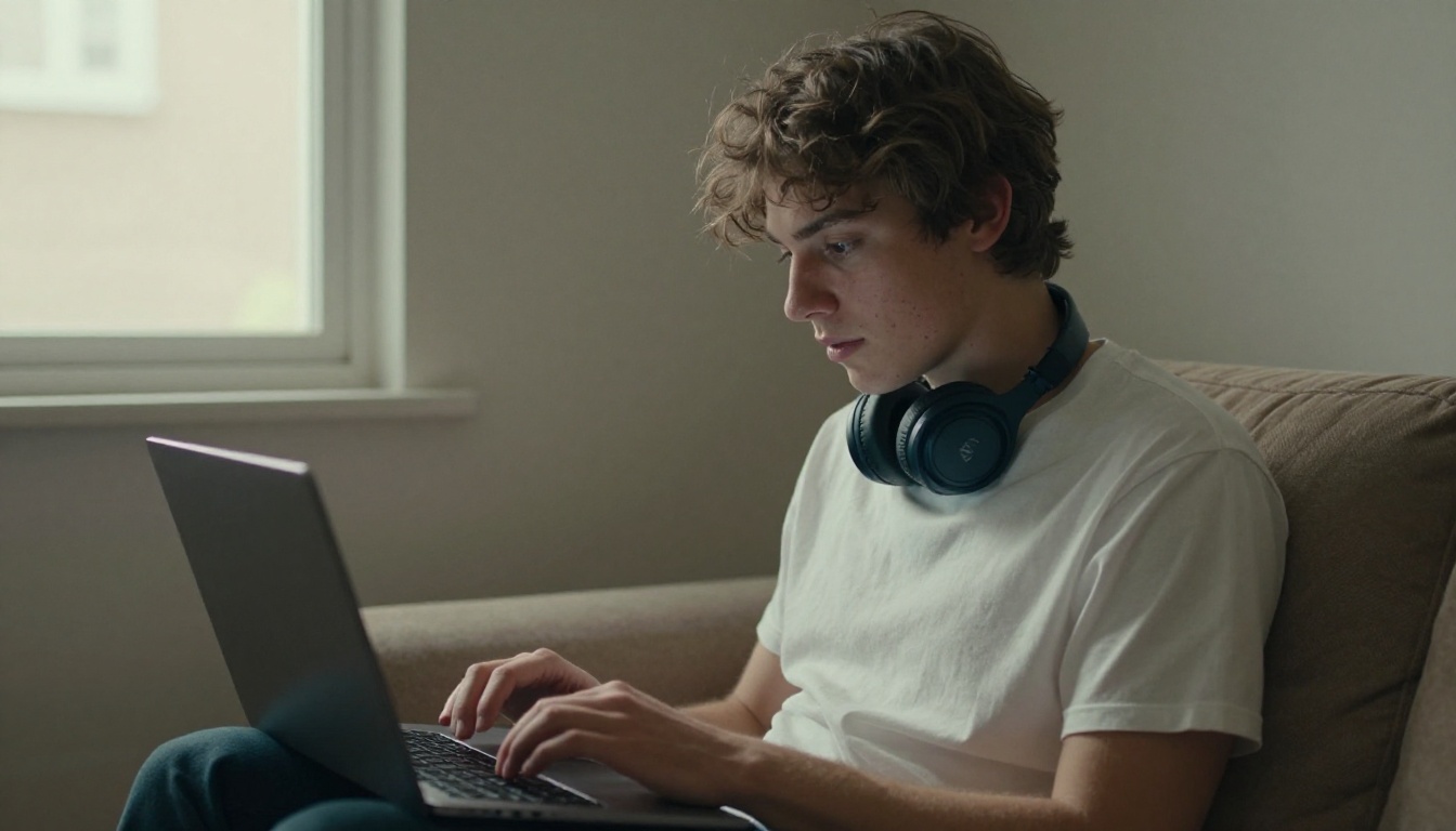 Young man watching AI-generated video on laptop at home Young man watching AI-generated video on laptop at home