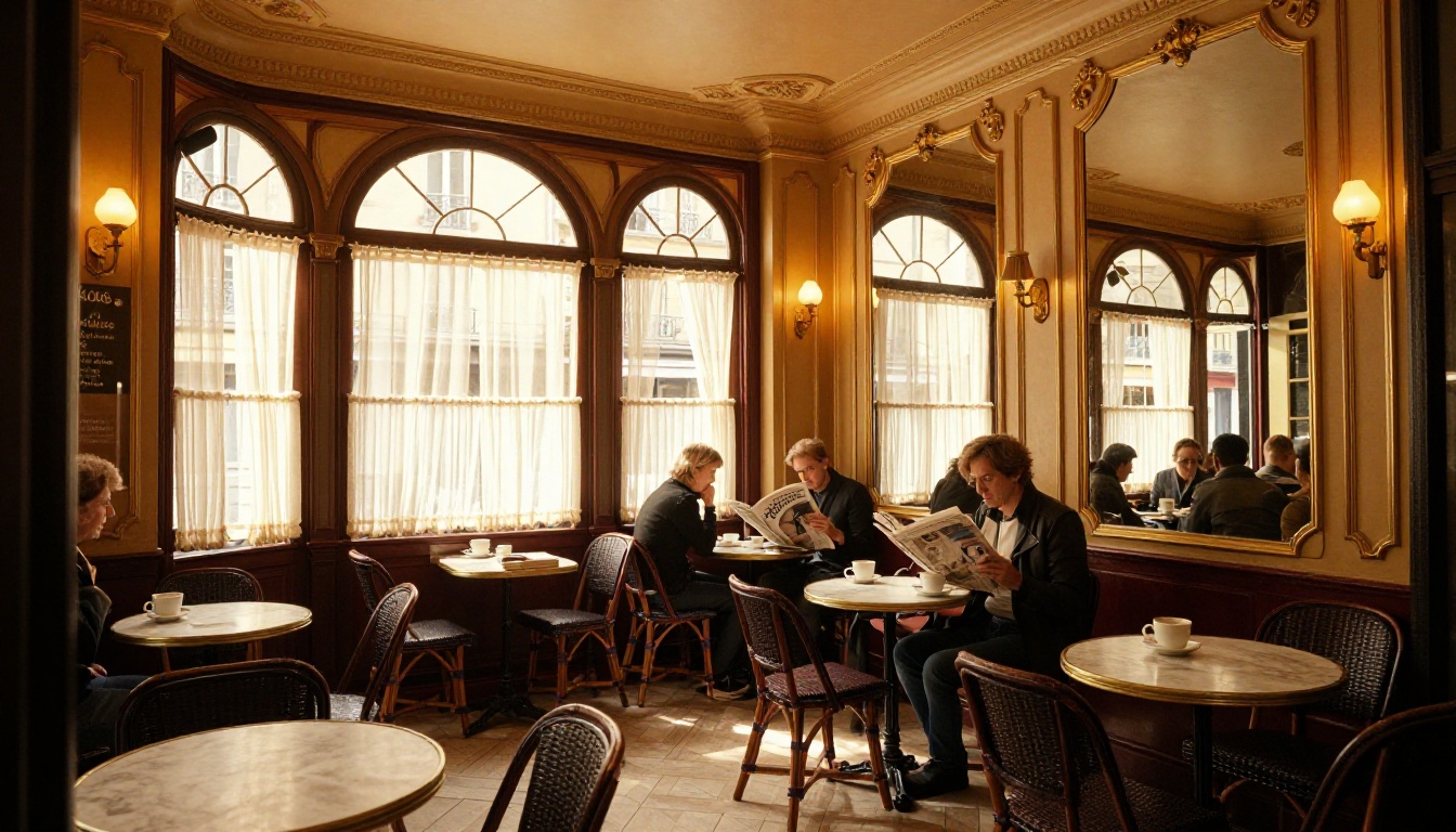 Classic Parisian café interior with golden afternoon light streaming through tall arched windows and marble tables Classic Parisian café interior with golden afternoon light streaming through tall arched windows and marble tables