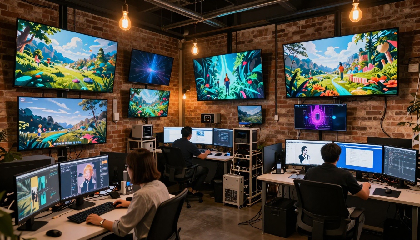 Wide technology workspace with multiple AI video screens mounted on walls Wide technology workspace with multiple AI video screens mounted on walls