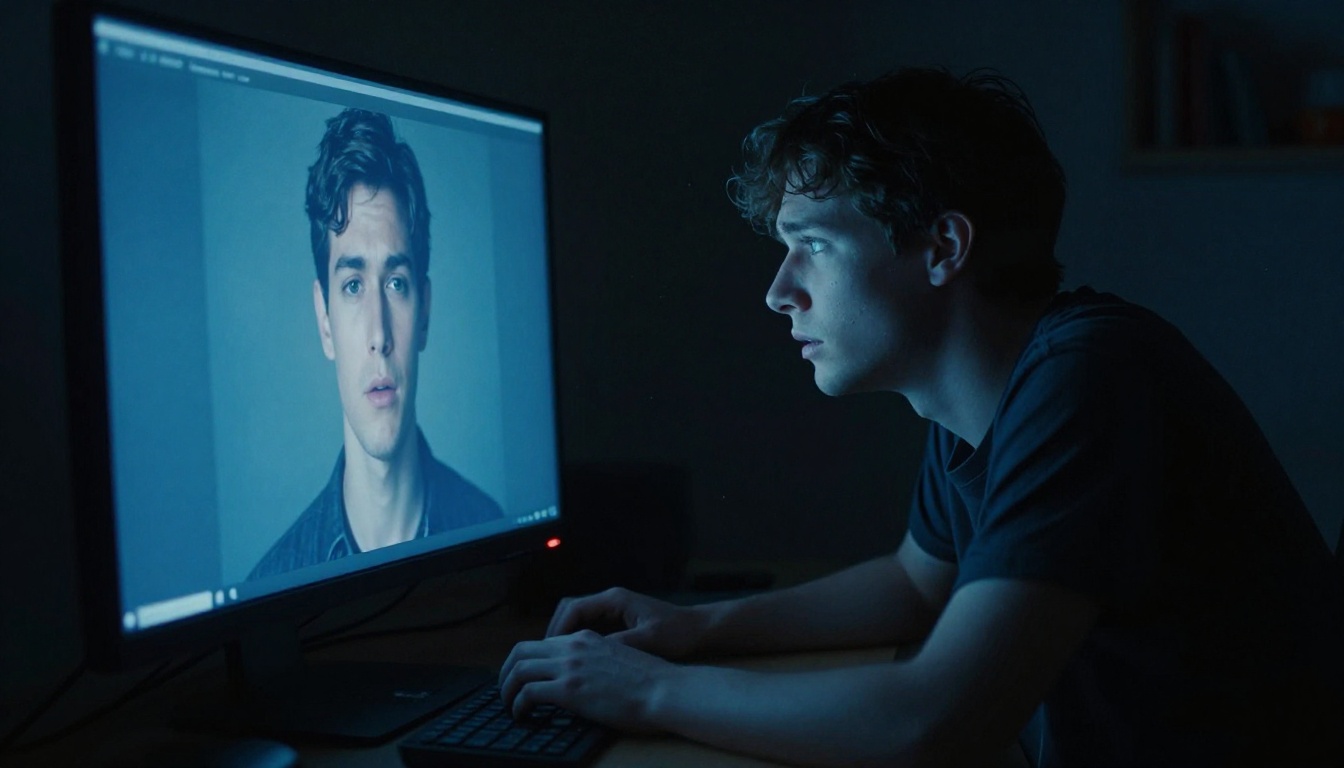 Person in complete darkness, face lit only by cold blue monitor glow, watching something disturbing onscreen