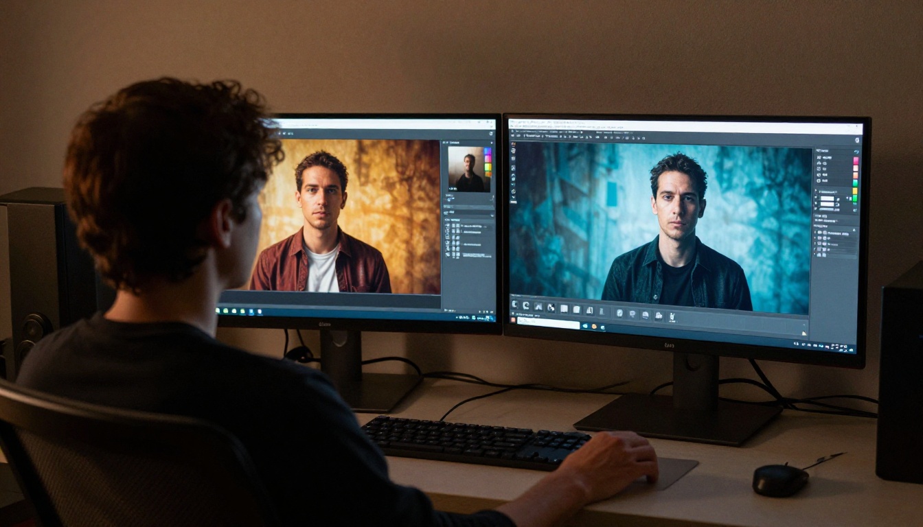 Person from behind at dual monitors comparing AI video quality side by side Person from behind at dual monitors comparing AI video quality side by side