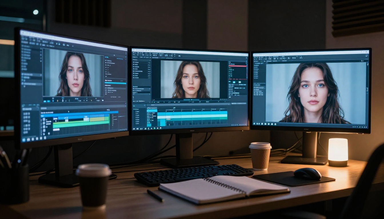 Modern video editing workstation with multiple monitors displaying AI face footage, warm desk lamp contrasting cold monitor glow