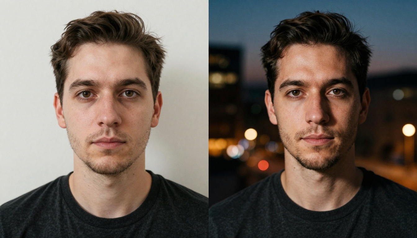 Before and after comparison: regular selfie transformed into professional AI portrait