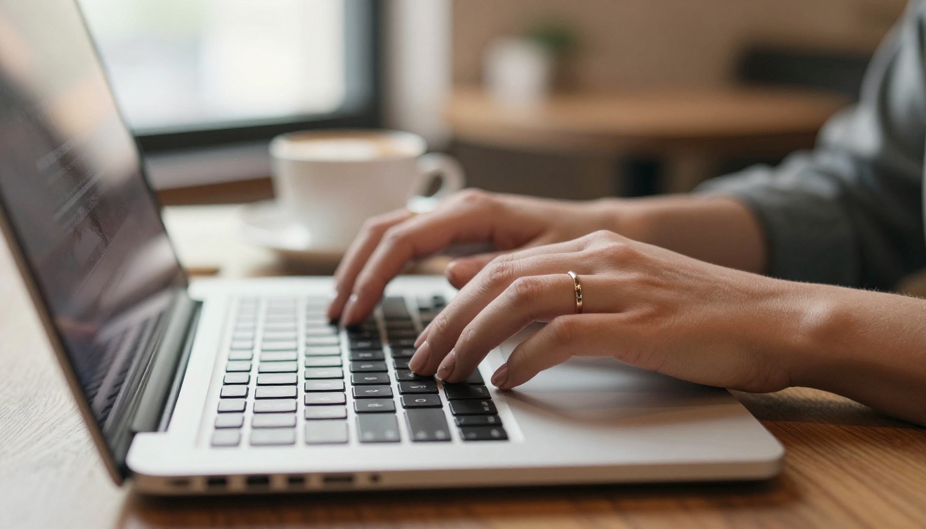 Close-up of hands typing prompts on laptop keyboard in warm cafe afternoon light