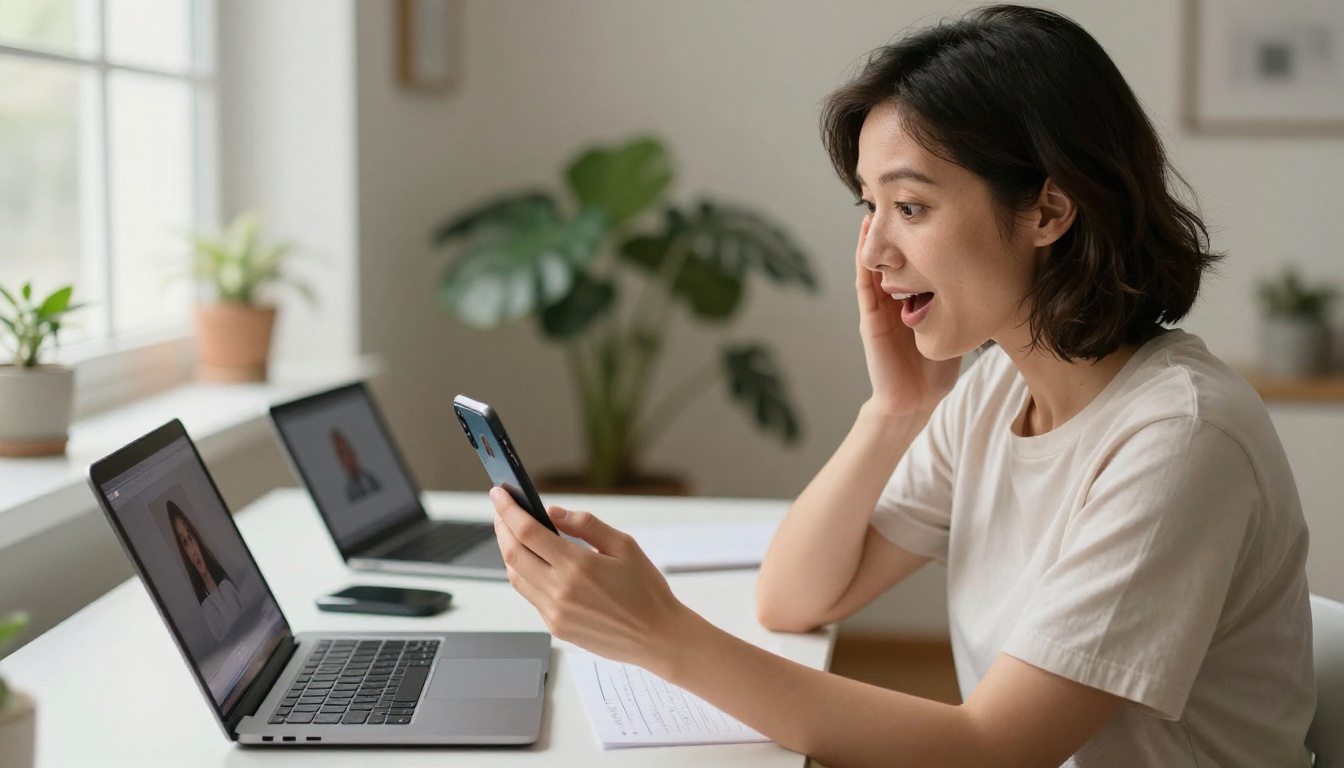 Woman holding smartphone watching AI-generated video with delight Woman holding smartphone watching AI-generated video with delight