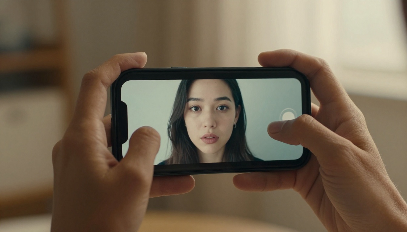 Woman's hands holding a smartphone showing a paused AI-generated face, natural skin texture contrasting with artificial perfection on screen