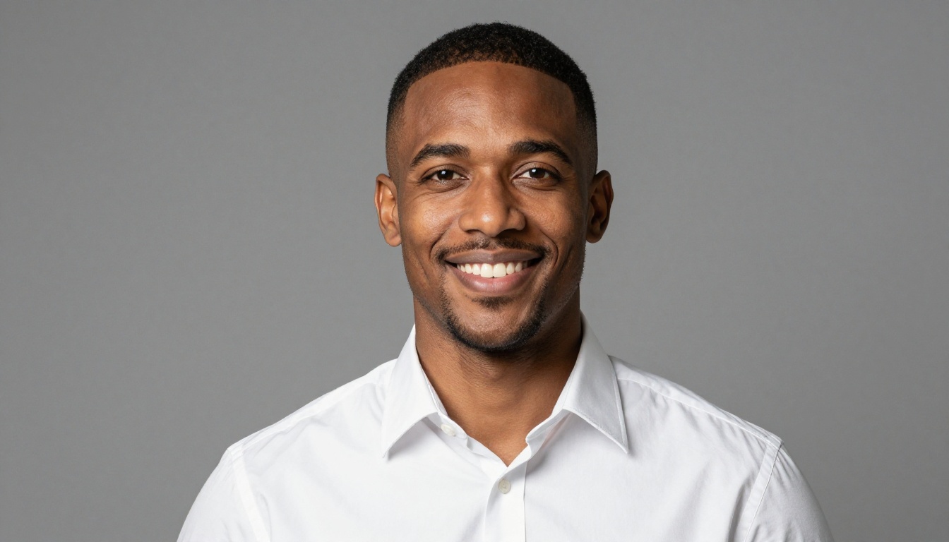 Professional AI-generated headshot, confident man in white shirt, studio lighting