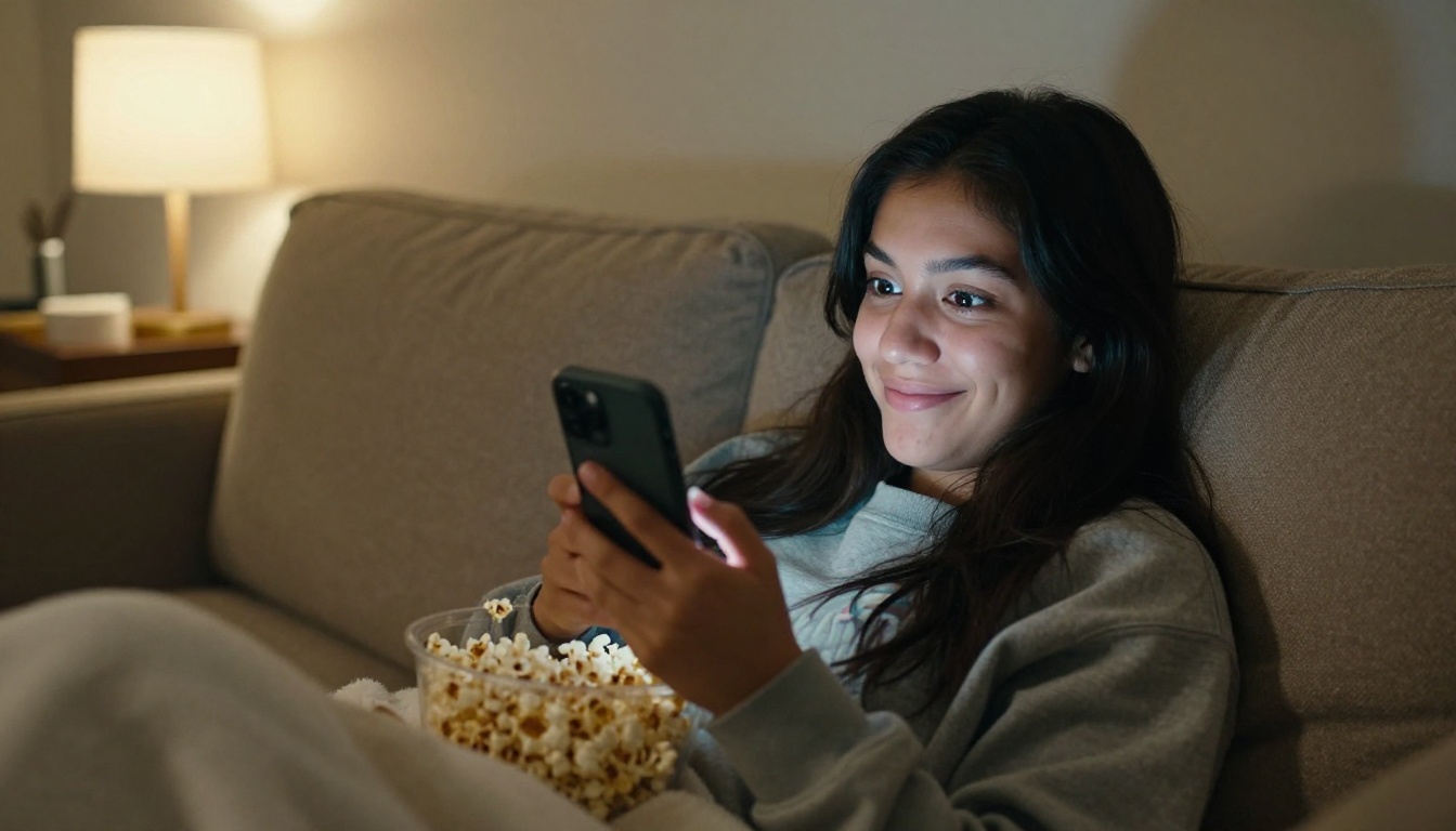 Woman scrolling social media on sofa, phone glow illuminating her face in dim room