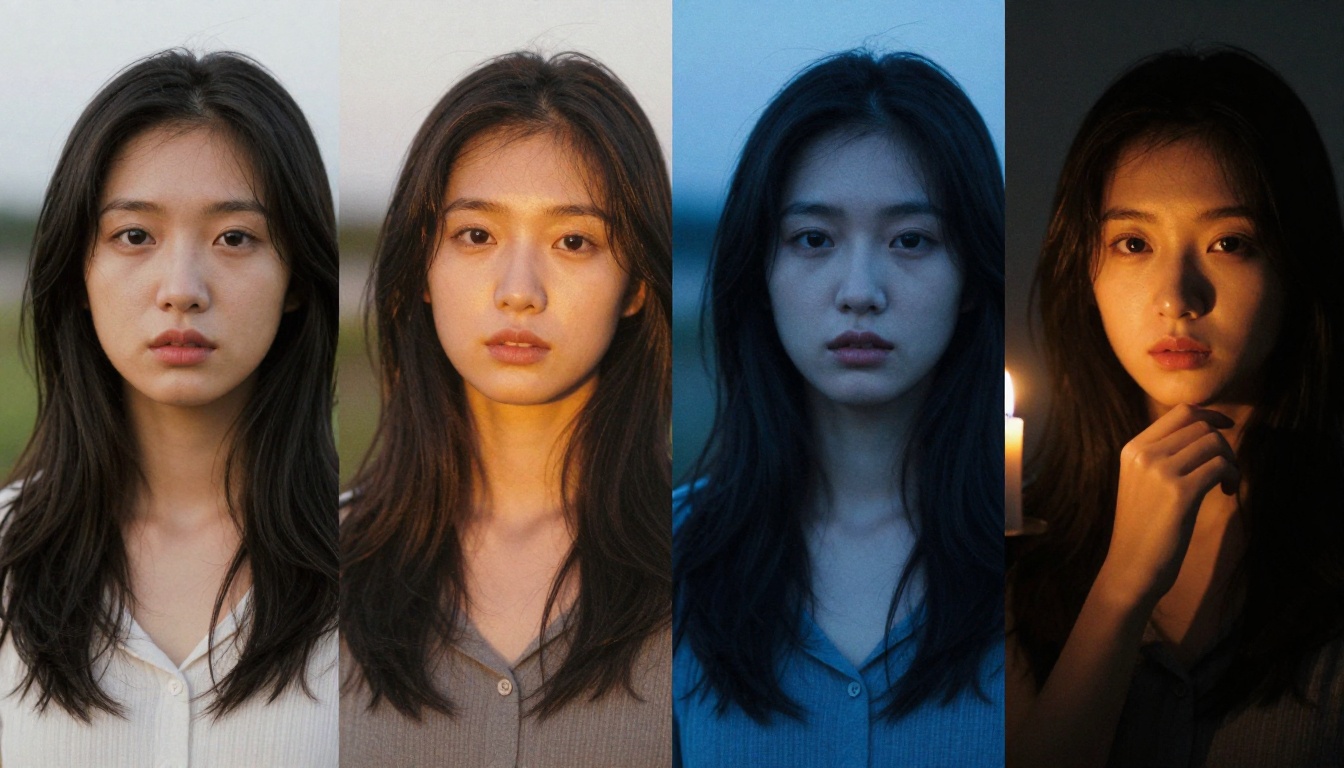 Four-panel portrait series of same woman in different lighting styles and moods