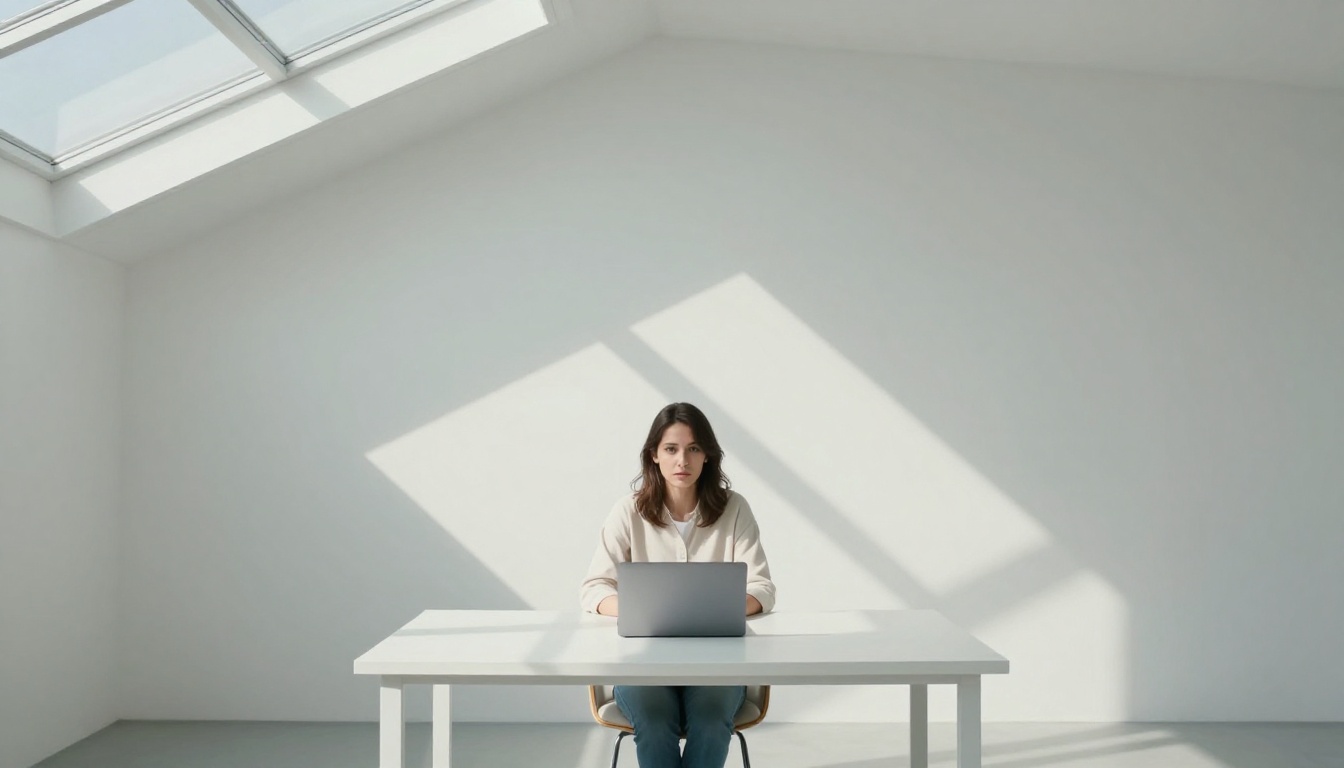 Overhead aerial shot of woman alone at white desk, face upturned toward camera, harsh overhead daylight, cold clinical atmosphere