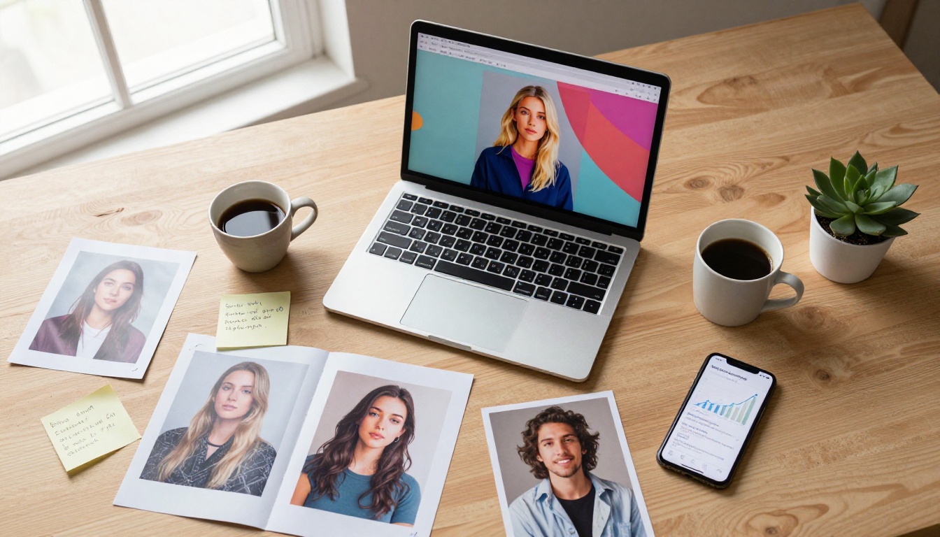 Overhead flat-lay of creative workspace with AI portraits on laptop and printed photos