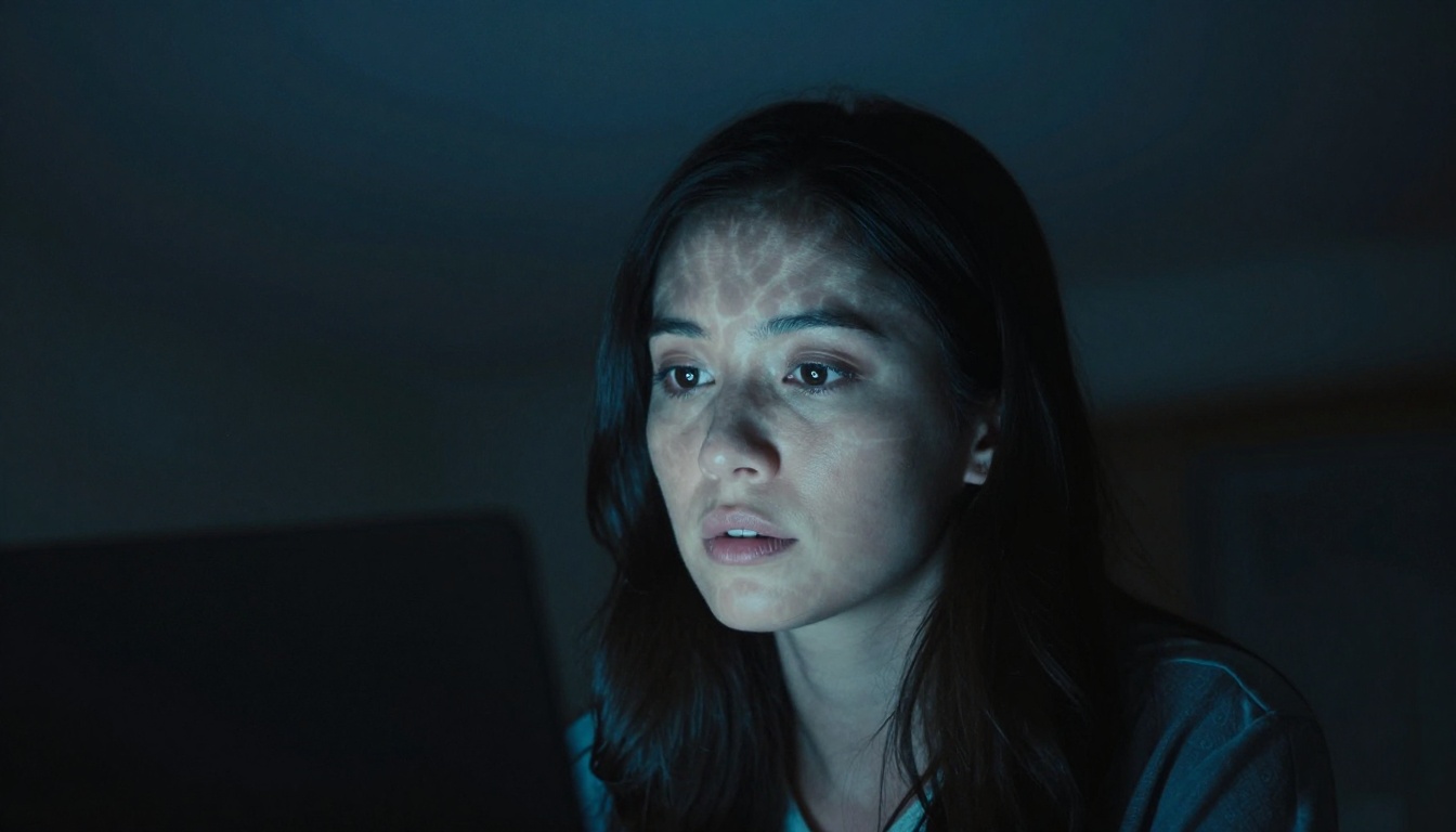 Low-angle shot of woman lit from below by laptop screen, dramatic cold blue under-lighting creating unusual shadow patterns