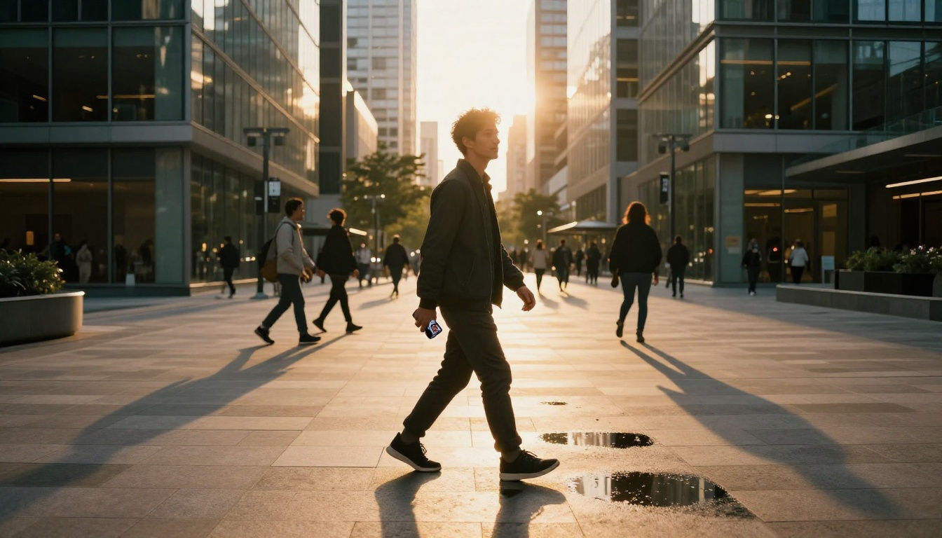 Young man walking confidently through urban plaza, golden hour backlight, low-angle shot