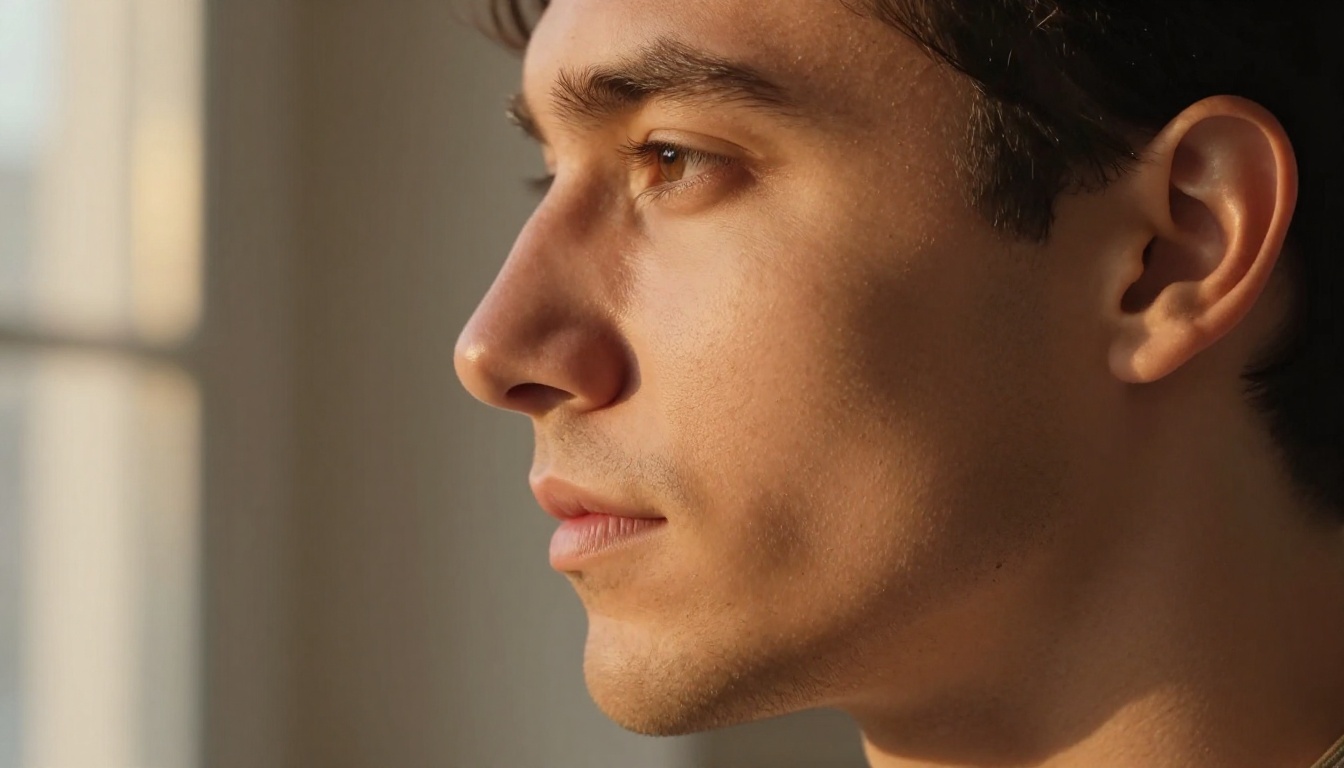 Man's face in three-quarter view showing real human asymmetry, visible pores, golden hour side-lighting, natural warm skin texture
