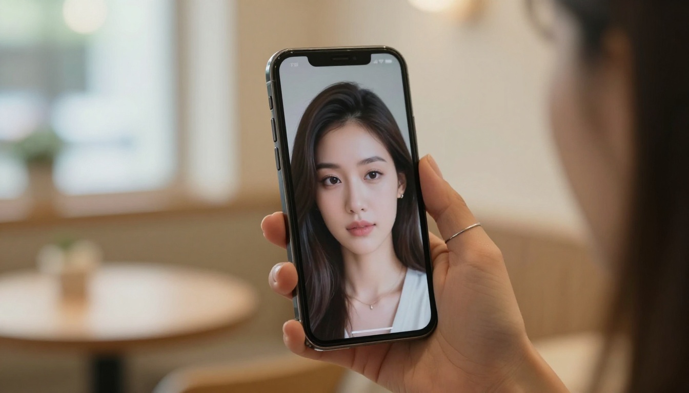 Smartphone held in hand showing stunning AI portrait on screen, warm cafe background