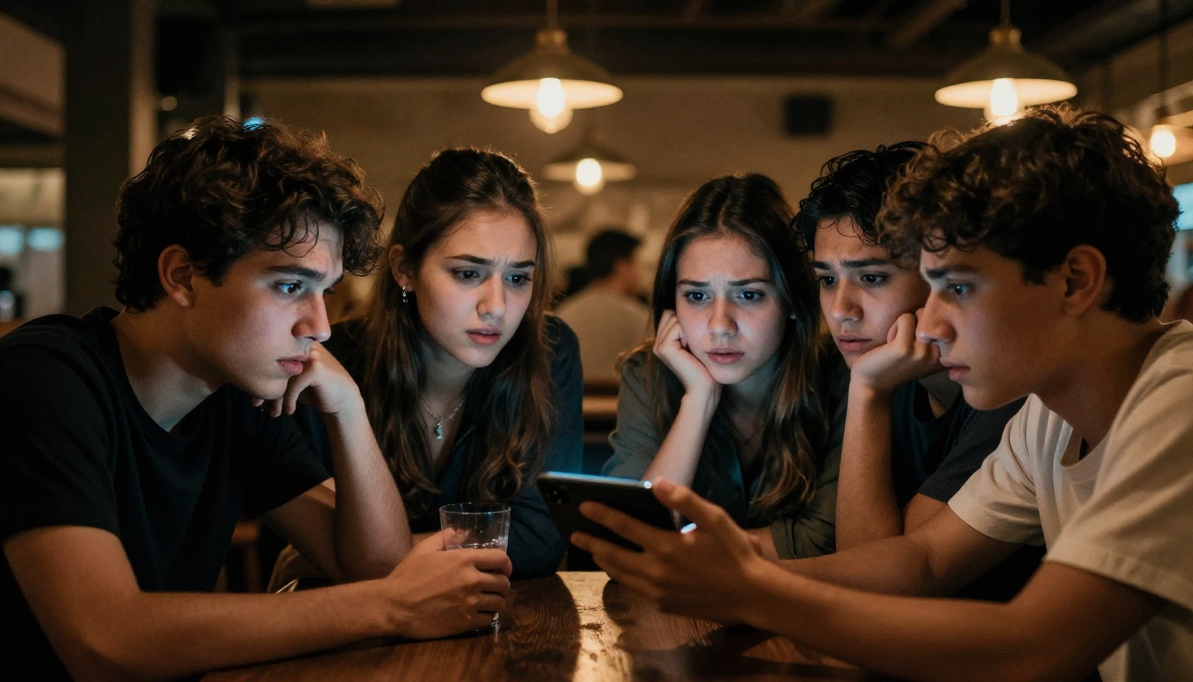 Group of four friends in a bar, all leaning in toward one phone screen, faces mixed between fascination and unease, warm amber light