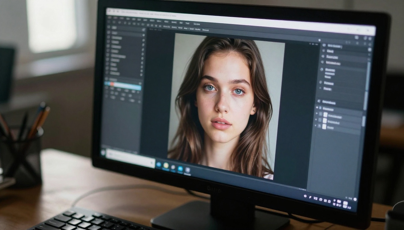 Close-up of computer monitor displaying AI text-to-video generation interface with photorealistic face visible in preview window