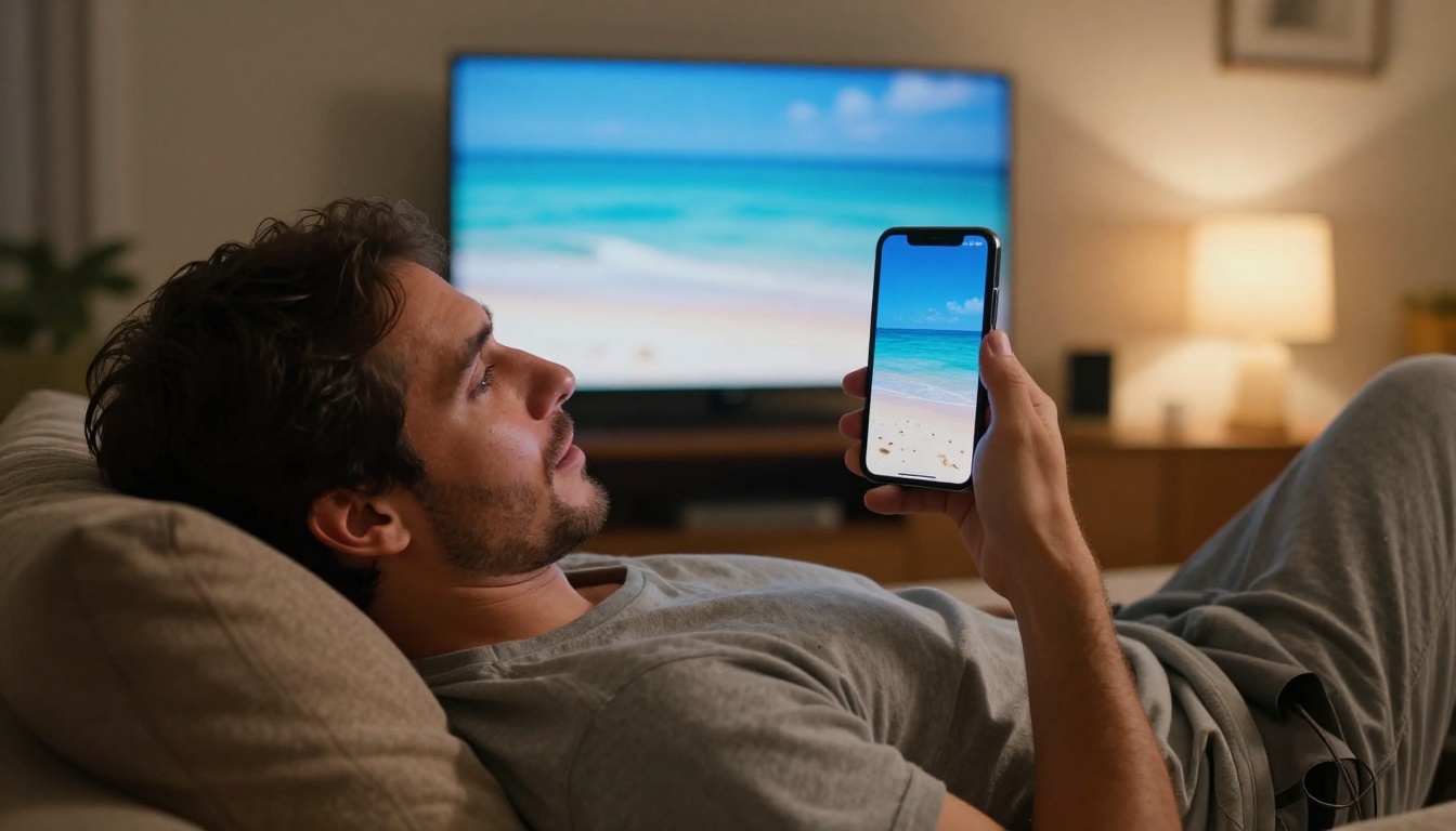 Man on couch viewing AI-generated vacation photo on phone screen