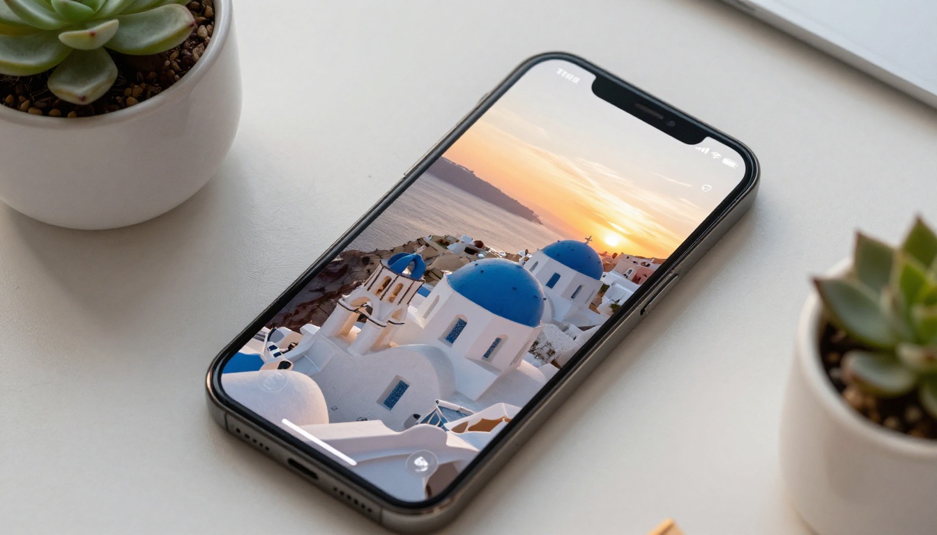 AI-generated Santorini vacation photo displayed on a smartphone screen
