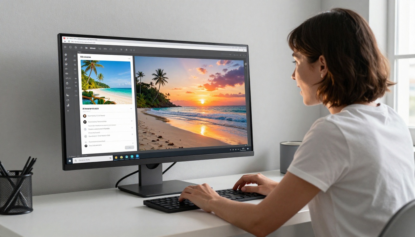 Woman using AI image generator on desktop monitor with split screen results
