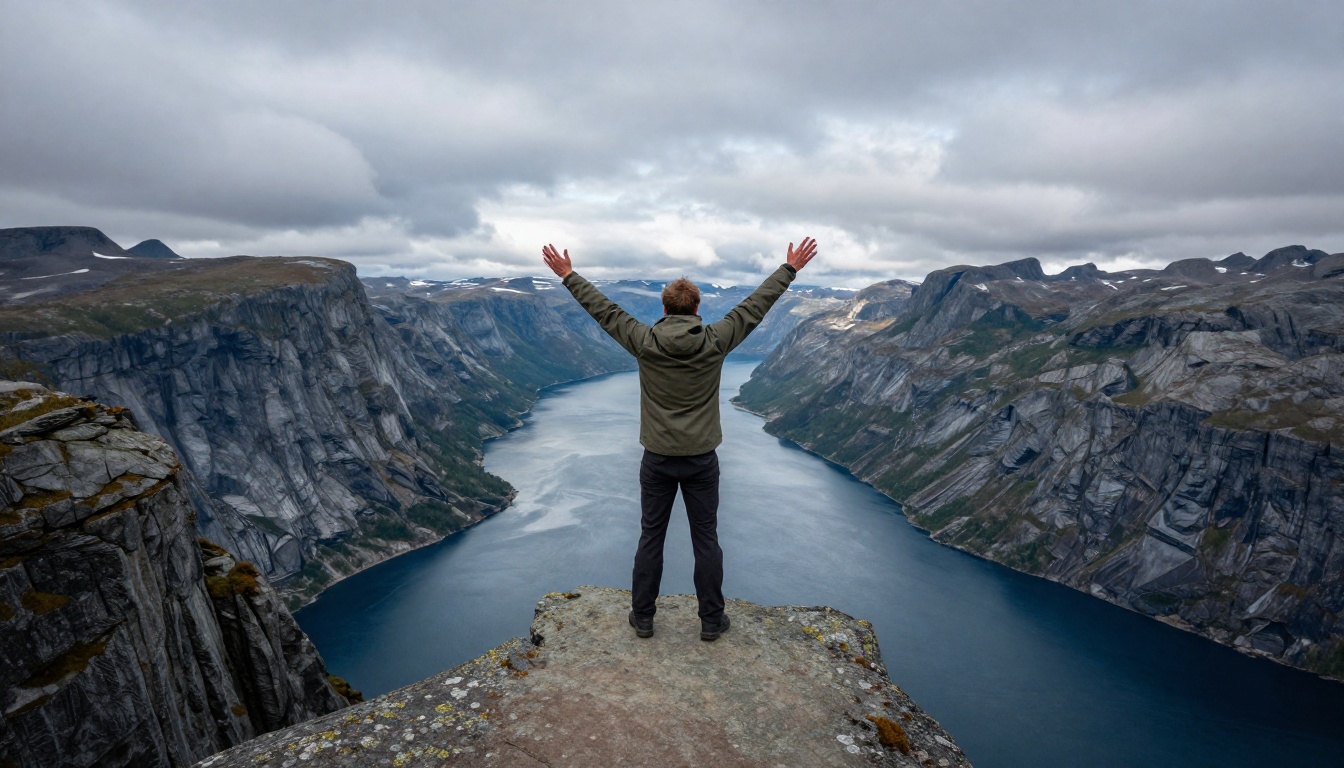 Person standing at cliff edge overlooking dramatic Norwegian fjord landscape