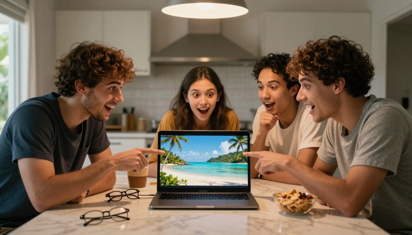 Group of friends laughing together at AI-generated vacation photos on a laptop
