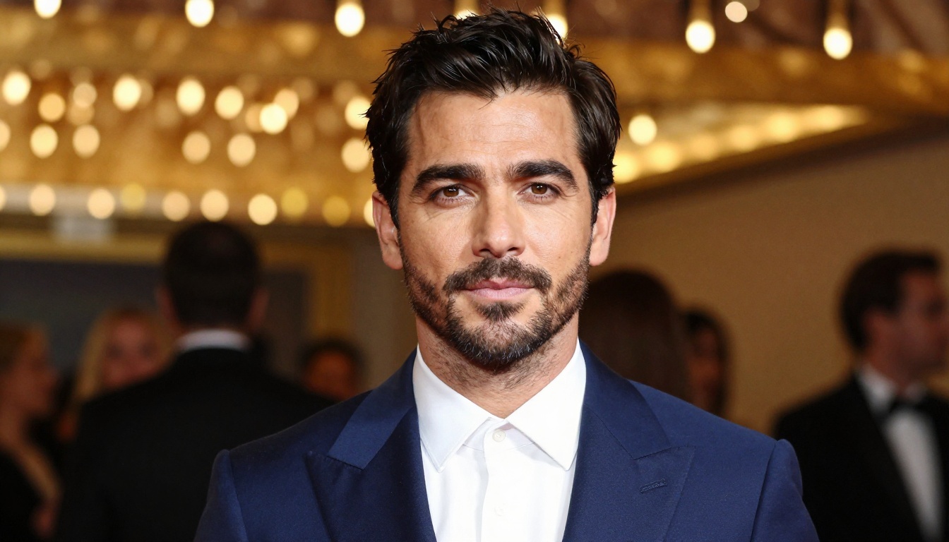 Man in a sharp tailored navy blue suit at a grand movie premiere venue, warm amber spotlights from above, bokeh of golden string lights and velvet ropes in background Man in a sharp tailored navy blue suit at a grand movie premiere venue, warm amber spotlights from above, bokeh of golden string lights and velvet ropes in background