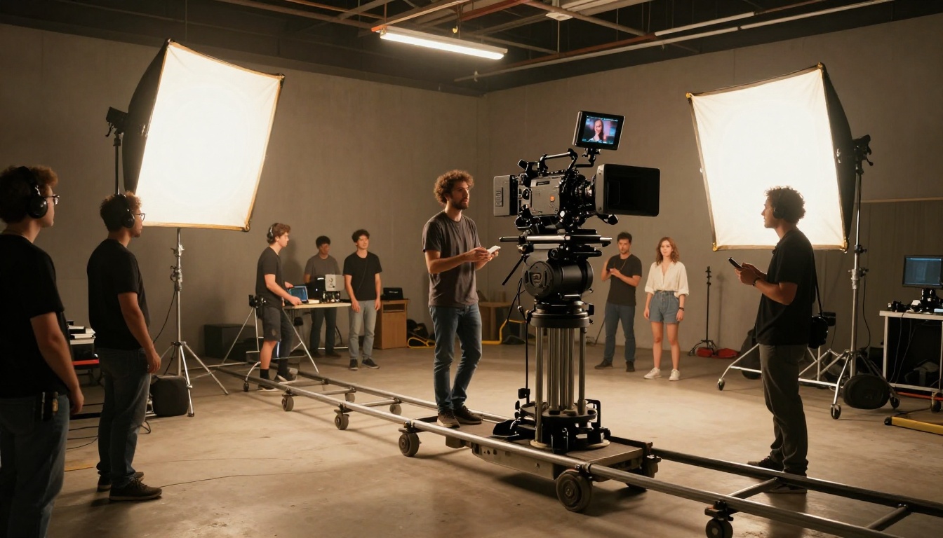 Behind-the-scenes view of a professional film set with cinema camera on dolly track, director and crew adjusting studio lights, camera operator reviewing monitor Behind-the-scenes view of a professional film set with cinema camera on dolly track, director and crew adjusting studio lights, camera operator reviewing monitor