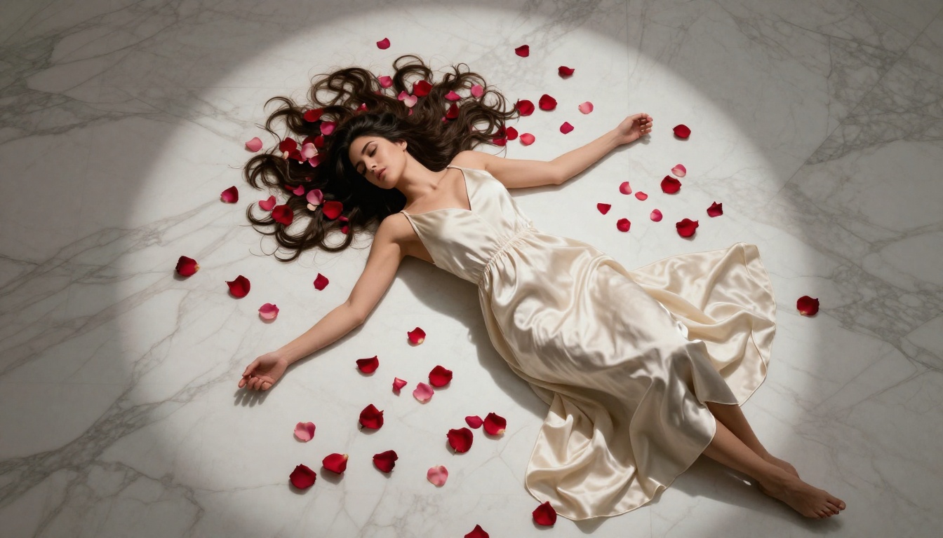 Aerial overhead shot of a woman in a flowing ivory silk dress lying on white marble floor surrounded by rose petals, dramatic overhead studio lighting Aerial overhead shot of a woman in a flowing ivory silk dress lying on white marble floor surrounded by rose petals, dramatic overhead studio lighting
