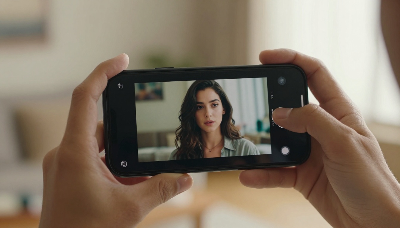 Close-up of a smartphone displaying an AI-generated movie star portrait on screen, warm morning window light from the right, living room in soft bokeh background