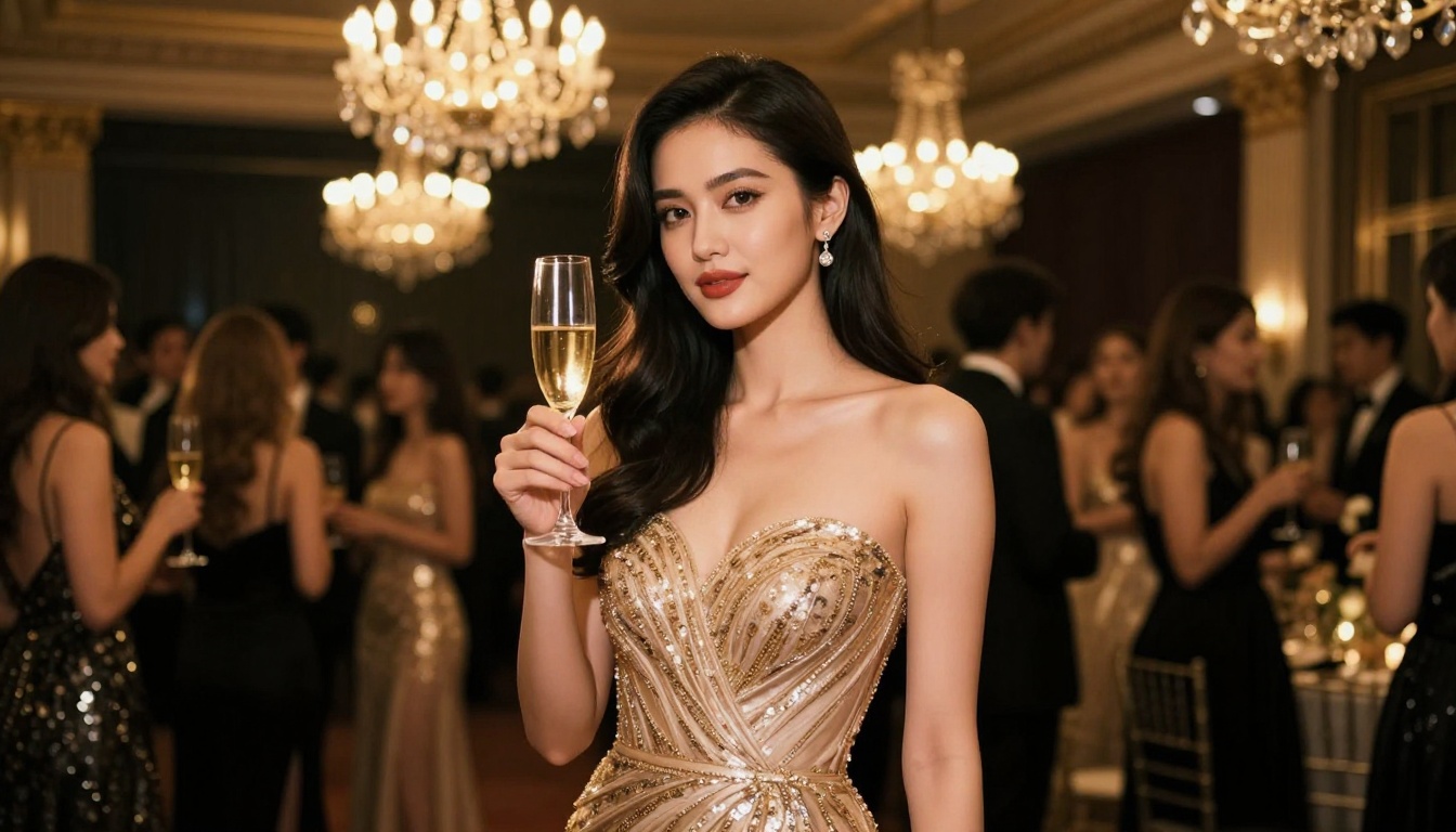 Woman in a sophisticated champagne-gold strapless gown at an opulent black-tie gala ballroom, crystal chandeliers casting warm golden light, guests in soft bokeh background