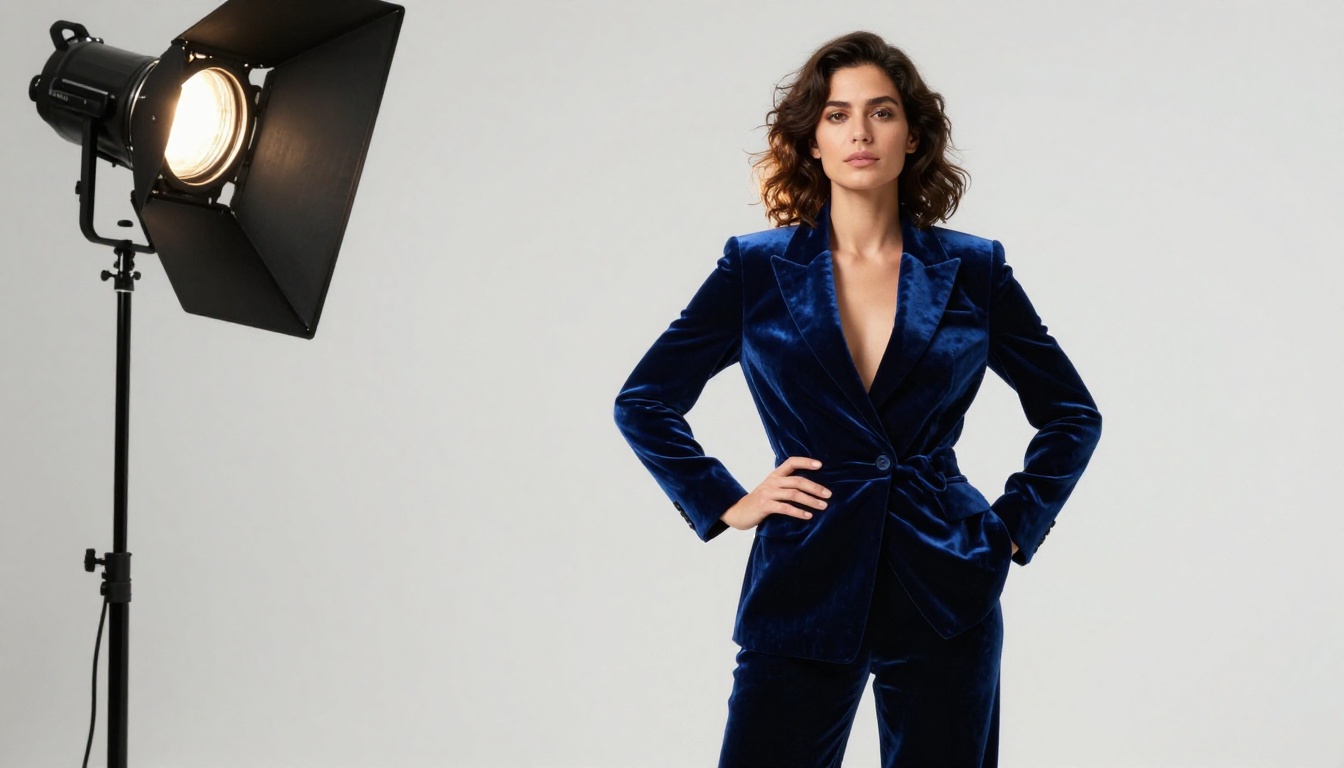 Confident woman in a deep-blue velvet blazer, professional three-point studio lighting, white seamless background, one hand on hip, direct camera gaze
