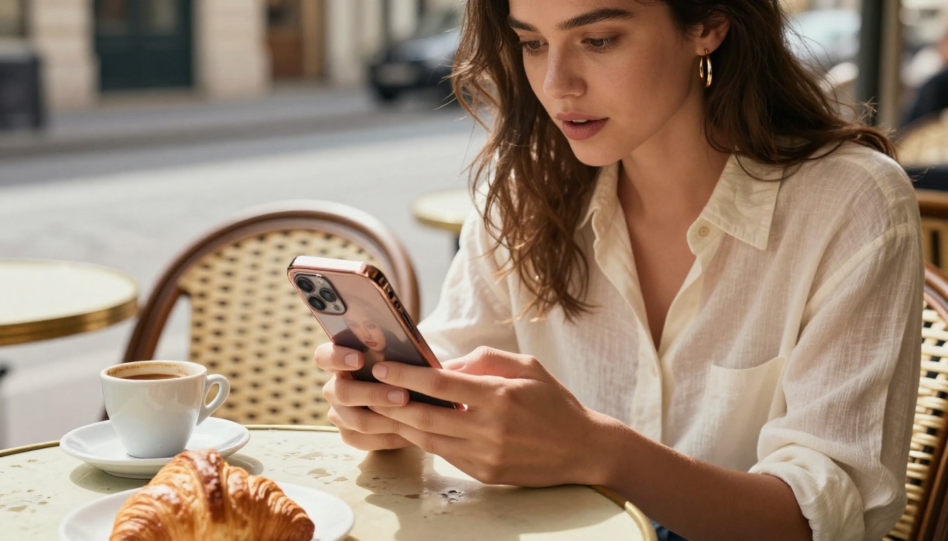 A stylish woman at a Parisian cafe, captivated by AI-generated content on her phone