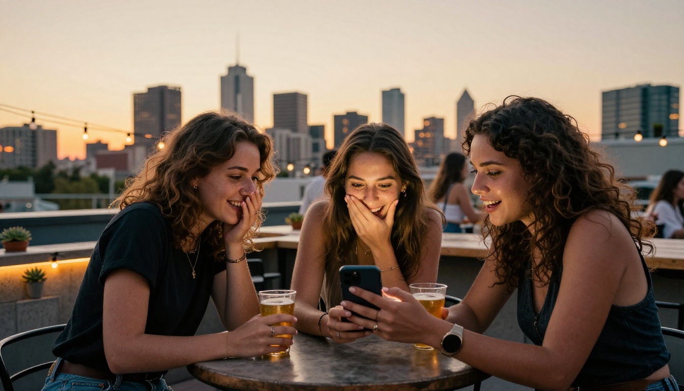 Group of friends huddled around a phone at a rooftop bar, reacting to viral AI content
