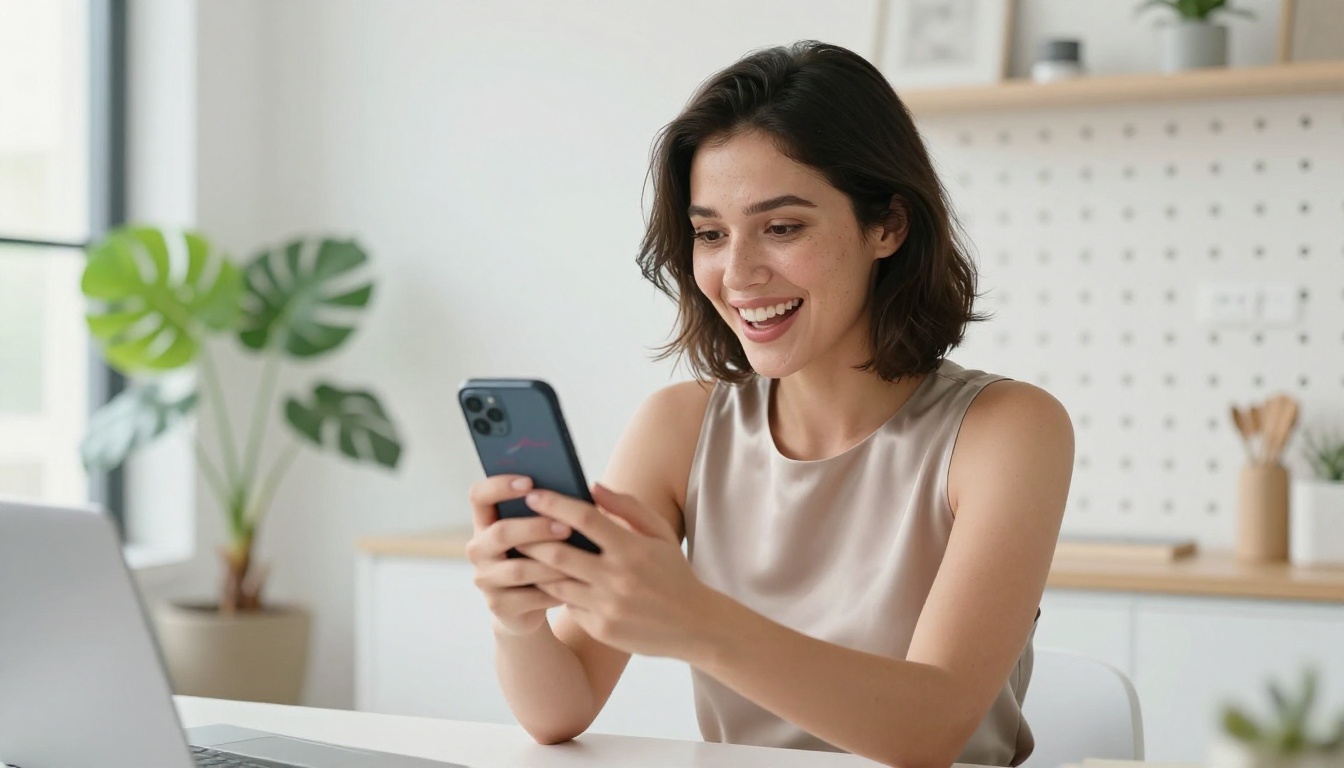 Woman smiling at AI-generated art on her phone at a modern workspace