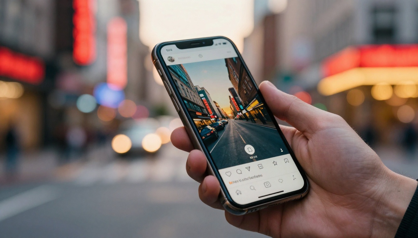 Hand holding a phone in a city at dusk, showing AI content going viral Hand holding a phone in a city at dusk, showing AI content going viral