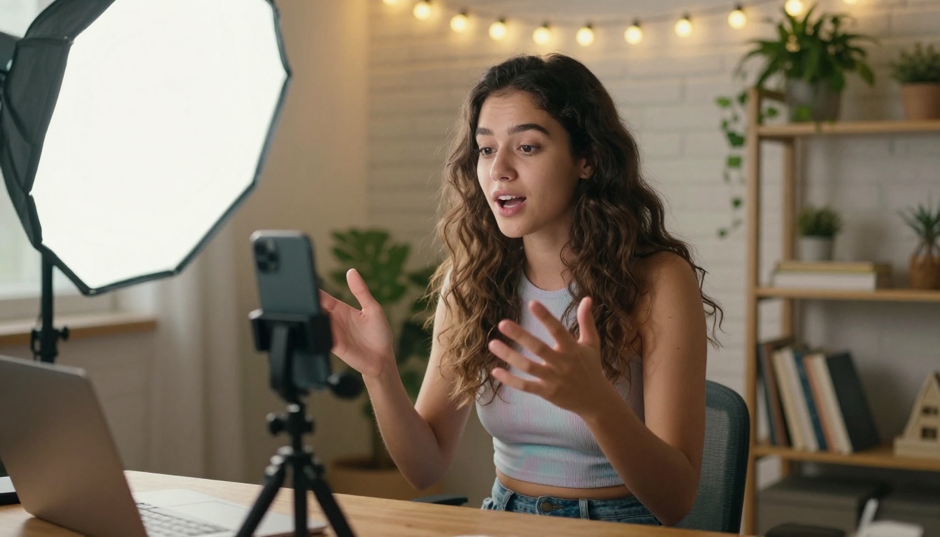 Female content creator at her home setup explaining AI tools