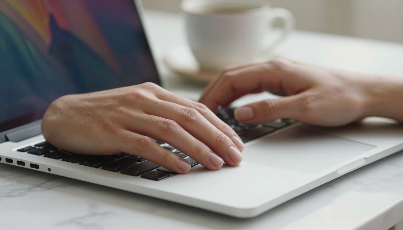 Hands typing on laptop with AI artwork visible on screen