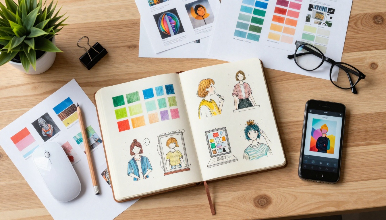 Creative designer's workspace flat lay with AI-generated images on smartphone