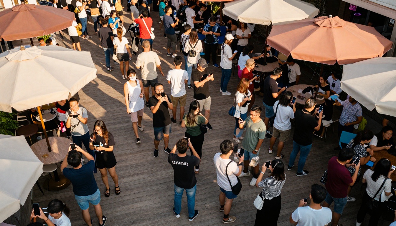 Aerial view of a crowd of people holding smartphones at an outdoor event